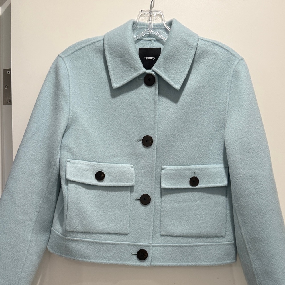 Theory Cropped Pale Blue Wool Button Jacket